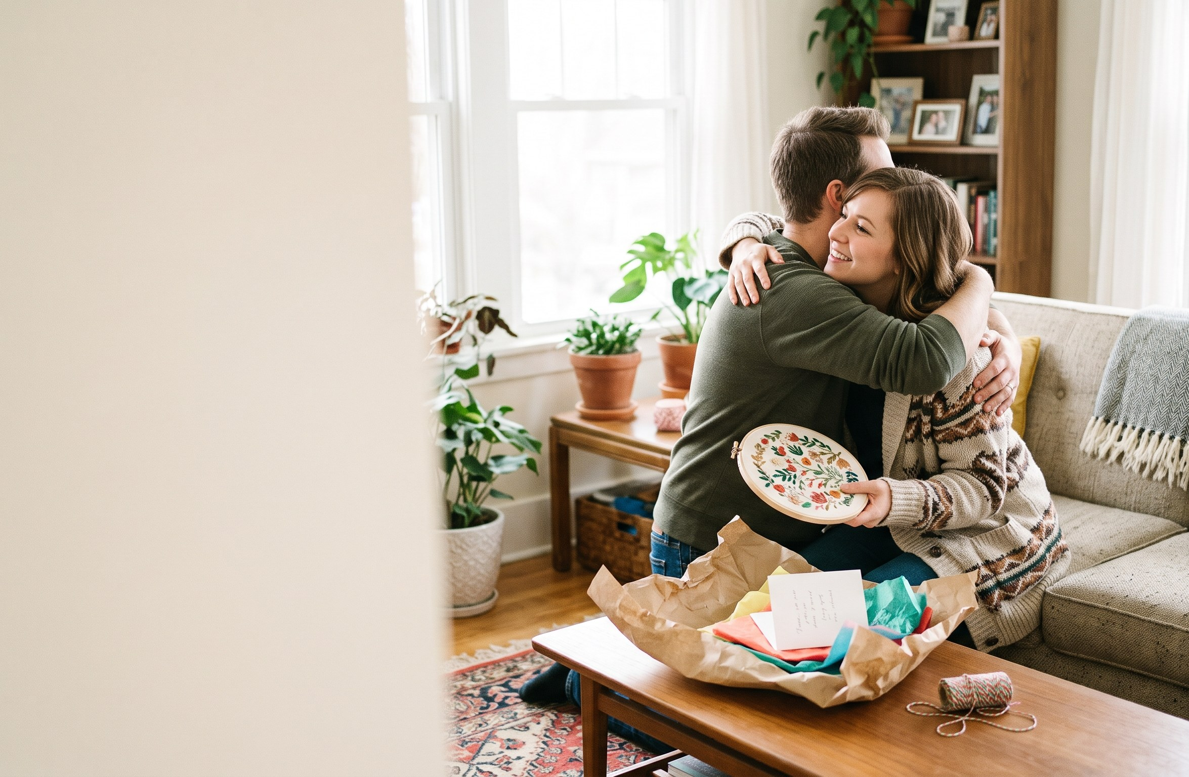 Couple celebrating a handmade embroidery hoop gift