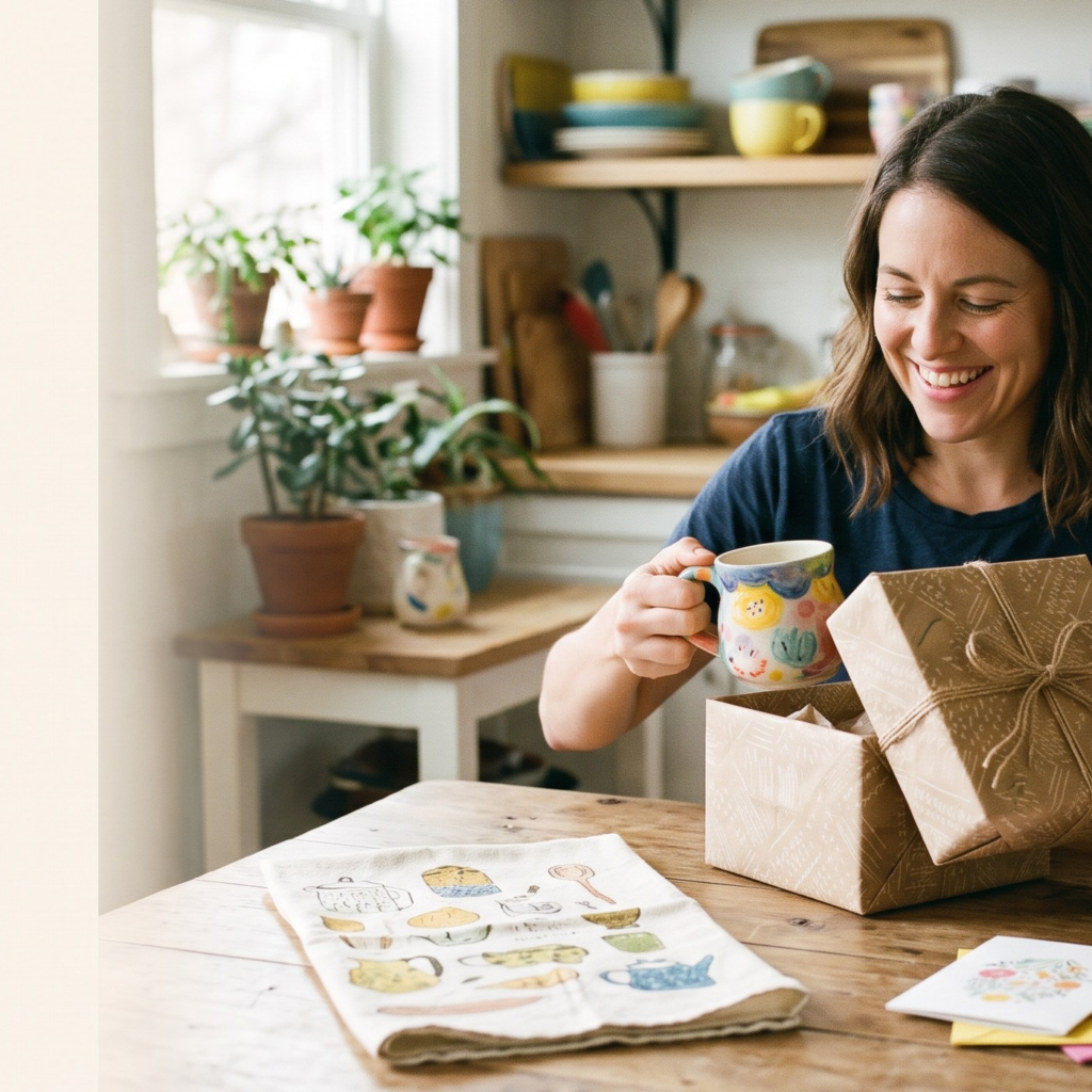 Woman unboxing a handmade floral mug gift in a cozy kitchen